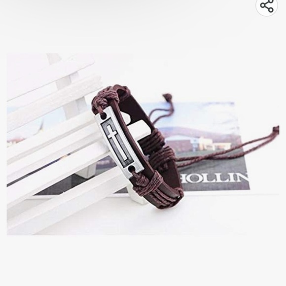 Brown LEATHER Cross Charm Adjustable Bracelet - Picture 3 of 4